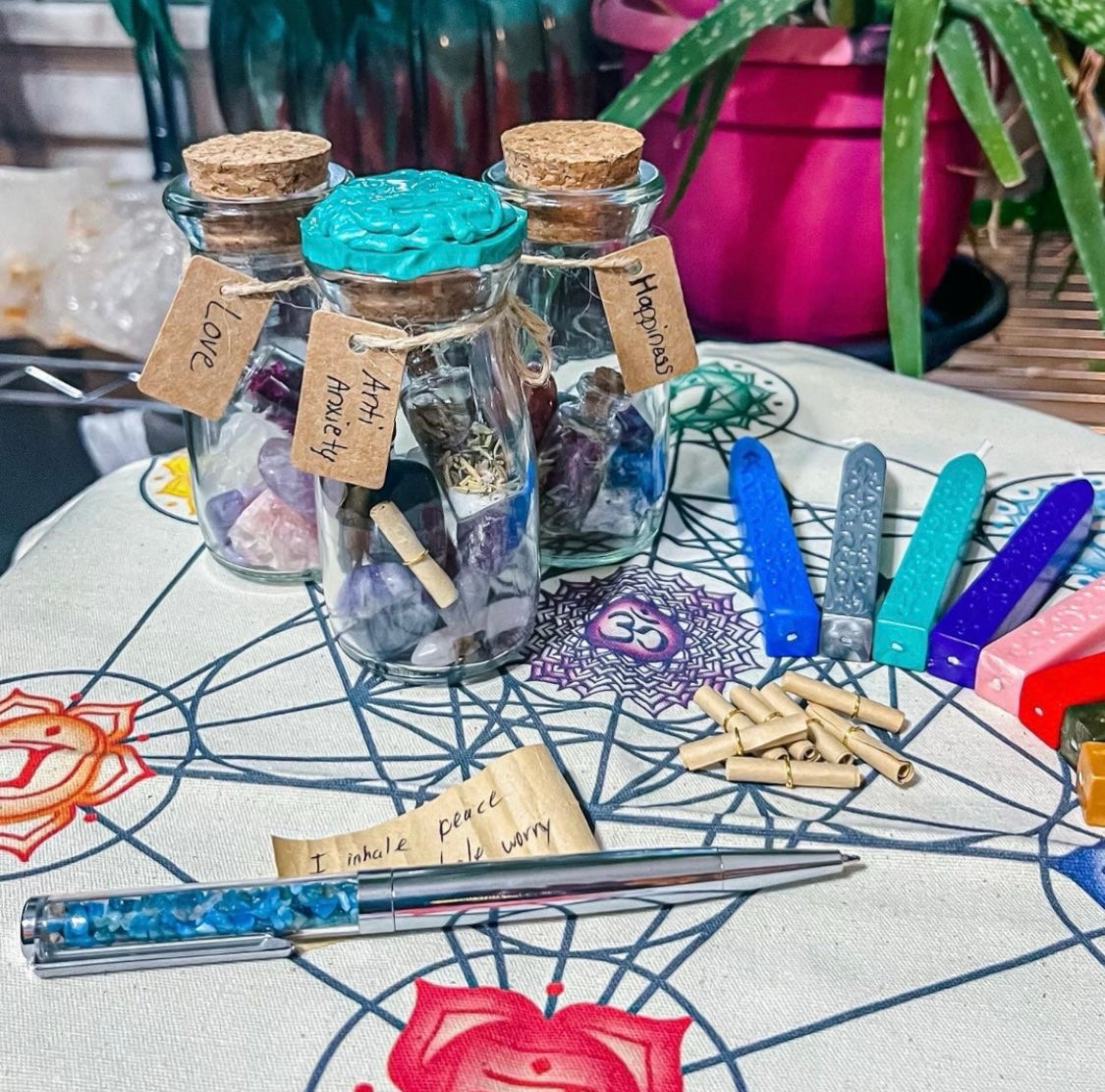 Crystal Healing Spell Jars - Love, anti-anxiety, happiness, protection, luck, peace, fertility, money, health, creativity
