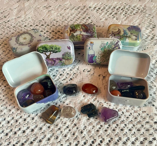 Car Protection Crystal Set in Decorative Tin - Tourmaline, Amethyst, Carnelian, Smokey Quartz, Tiger's Eye and Garnet