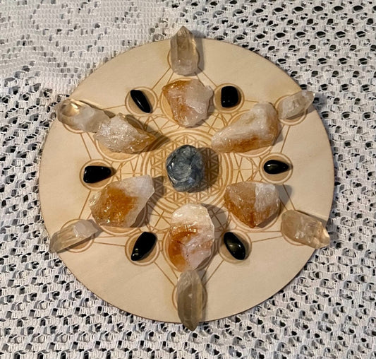 Protection Crystal Grid Decor with Blue Kyanite, Clear Quartz, Citrine and Black Obsidian