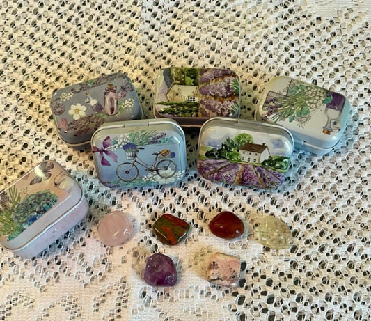 Self-Love Crystal Set in Decorative Tin - Carnelian, Rhodonite, Citrine, Rose Quartz, Amethyst, Unakite