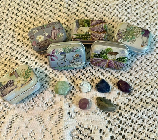 Confidence and Empowerment Crystal Set in Decorative Tin - Carnelian, Citrine, Lapis Lazuli, Amazonite, Clear Quartz, Amethyst