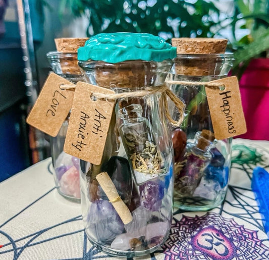 Crystal Healing Spell Jars - Love, anti-anxiety, happiness, protection, luck, peace, fertility, money, health, creativity
